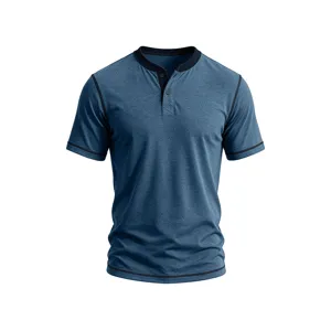 Men short sleeve Henley shirt casual blue summer top comfortable basic tee apparel