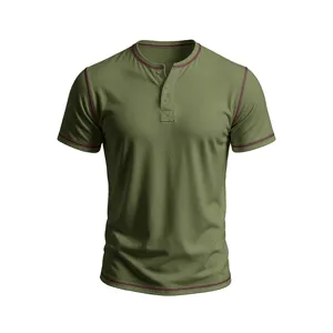 Men's retro short sleeve Henley t-shirt, slim fit cotton top with contrast stitching.