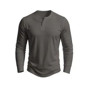 Men's long sleeve henley shirt solid color casual V-neck pullover top basic cotton apparel