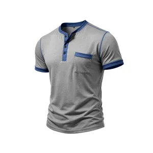 Men's short sleeve Henley t-shirt casual summer contrast color slim fit basic top.