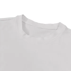 Men's solid white cotton t-shirt collar detail shot showing fine stitching and classic crew neck.