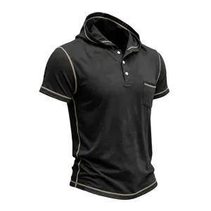 Detailed view of men's short sleeve hooded henley shirt with contrast stitching and chest pocket.