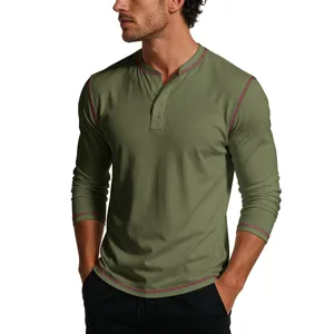 Men's long sleeve henley t-shirt casual olive green top with contrast stitching design