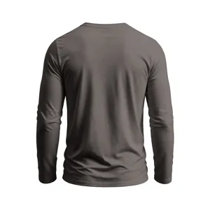 Men's solid dark grey long sleeve t-shirt detail view, casual basic daily wear cotton top.