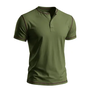 Men's green short sleeve henley shirt detail view with contrast stitching and buttons.