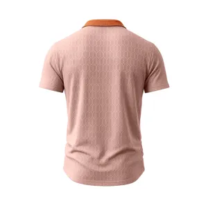 Men's short sleeve polo shirt with contrast collar and stylish knit jacquard pattern.