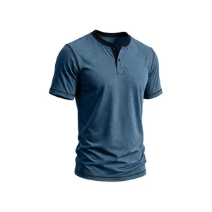 Men's short sleeve Henley t-shirt, casual summer slim fit top with contrast stitching.