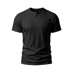 Men's casual solid black short sleeve Henley t-shirt for comfortable summer basic daily wear.
