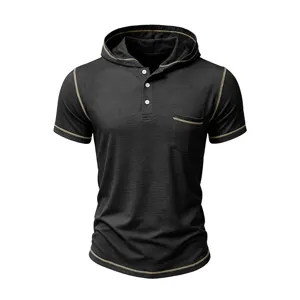 Men's contrast stitch hooded henley t-shirt with short sleeves and chest pocket detail.