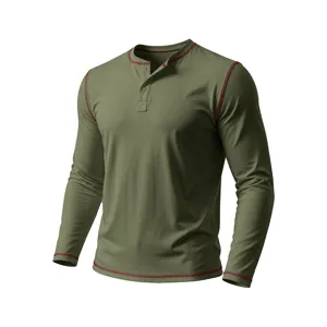 Men's army green long sleeve Henley t-shirt featuring contrast red stitching and button placket.