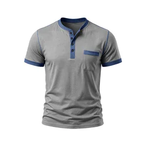 Men short sleeve henley t-shirt with contrast trim casual summer top breathable