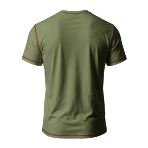 Men's olive green short sleeve t-shirt with contrast red stitching, casual basic summer top.