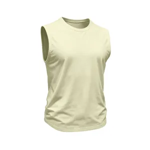 Detail view of the men's solid cotton round neck sleeveless tank top in light yellow.