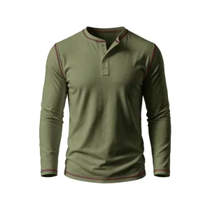 Men's Olive Green Long Sleeve Henley T-Shirt with Contrast Stitching Casual Top.