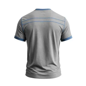 Men grey short sleeve t-shirt featuring blue contrast stitching detail back view shot.
