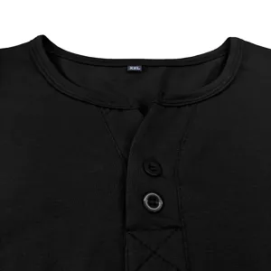 Men's solid black short sleeve Henley t-shirt summer casual basic top detail view