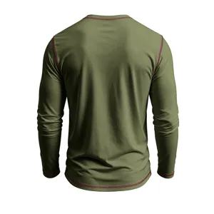 Men's army green long sleeve t-shirt back view, casual crewneck with contrast stitching.
