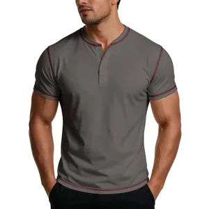 Men's Short Sleeve Henley T-Shirt Dark Grey Slim Fit Contrast Stitching Casual Top