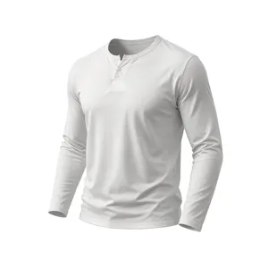 Men's solid color long sleeve Henley shirt with button V-neck, casual white cotton tee.