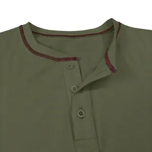 Detail shot of men's long sleeve henley shirt collar and button placket with contrast stitch