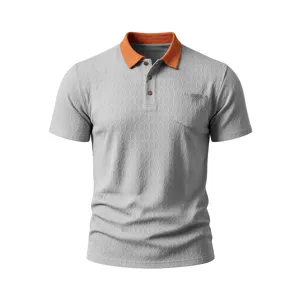 Close up view of the grey men's short sleeve polo shirt showcasing the fine honeycomb texture.
