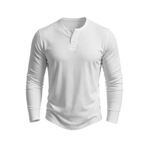 Men's solid white long sleeve Henley shirt detail, casual V-neck cotton top for daily wear.