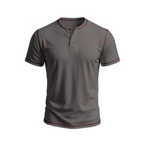 Men's short sleeve Henley t-shirt with contrast stitching casual summer slim fit top
