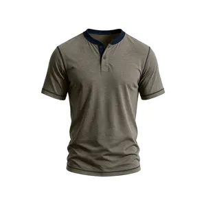 Men's short sleeve Henley t-shirt casual contrast trim button placket summer top fashion