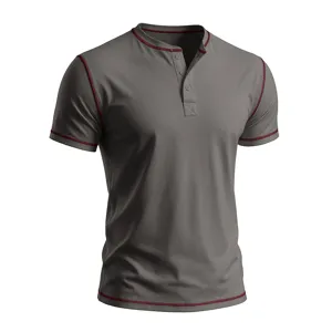 Grey short sleeve Henley shirt with contrast red stitching detail, slim fit cotton top.