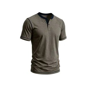 Detail shot of mens short sleeve Henley t-shirt with contrast color trim and stitching.
