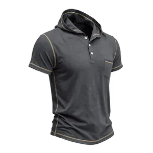 Close-up of contrast stitching details and hooded neckline on a dark grey casual shirt.