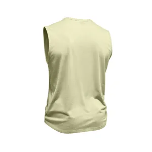 Men's solid color sleeveless crewneck tank top back view detail showing fabric texture.