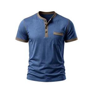Men short sleeve Henley t-shirt casual slim fit summer athletic muscle tee top detail view