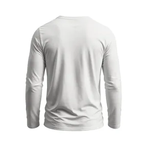 Back detail view of solid white men's long sleeve t-shirt, soft cotton basic apparel.