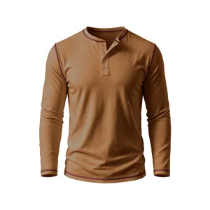 Men long sleeve henley shirt casual cotton top contrast stitching slim fit autumn fashion top