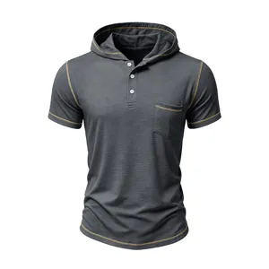 Men's dark gray short sleeve hooded henley shirt with contrast stitching and chest pocket detail.