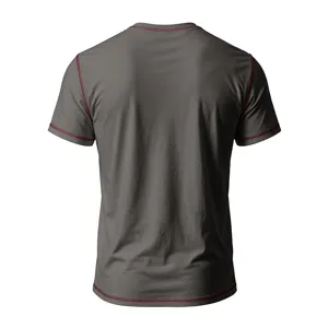 Men's casual short sleeve t-shirt dark grey slim fit cotton top with red contrast stitching.