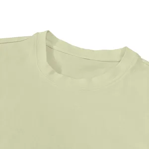 Close-up detail of light green crew neck cotton t-shirt collar, showing neat stitching and fabric.