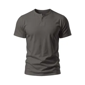 Detailed view of dark grey men's short-sleeve Henley shirt featuring button placket design.