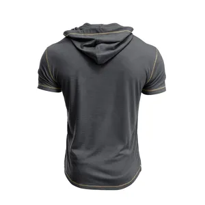 Close-up back view of men's short sleeve hooded t-shirt with contrast stitching detail.