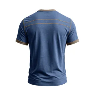 Men's short sleeve t-shirt casual blue tee with brown contrast stitching summer top