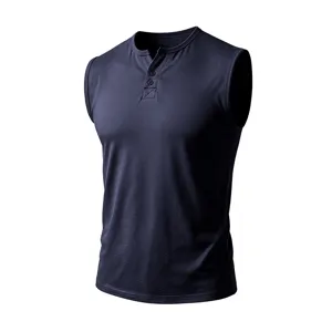 Canotta Henley Uomo Senza Maniche Sport Fitness Estate Tinta Unita Casual T-Shirt