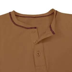Men's casual cotton long sleeve henley t-shirt neckline detail view with buttons and contrast stitching.