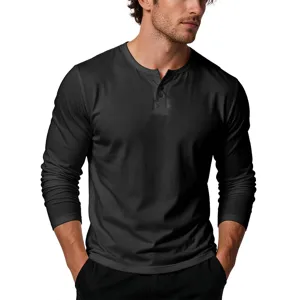 Men's solid color long sleeve Henley shirt casual V-neck cotton base layer top daily wear apparel