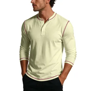 Men's casual long sleeve Henley t-shirt with contrast stitching, cotton top for autumn.