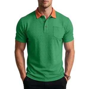 Close-up detail of the contrast collar and pocket on the green short sleeve polo shirt for men.
