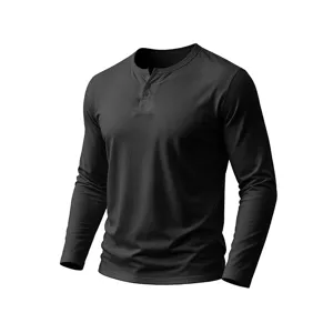 Detailed view of the men's black long sleeve Henley shirt with button placket and ribbed cuffs.