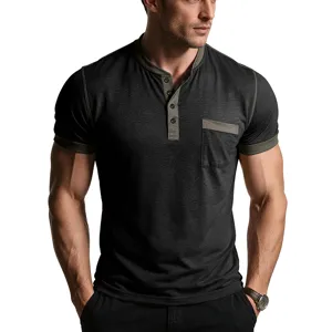 Men's summer casual Henley short sleeve slim fit t-shirt with pocket in dark grey.