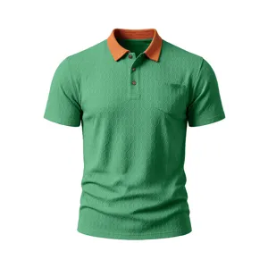 Close-up of green men short-sleeve polo shirt, honeycomb texture, contrast orange collar.