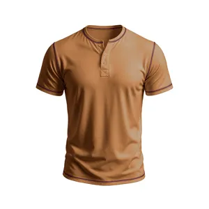 Close-up detail of classic caramel short sleeve Henley shirt with contrast stitching.